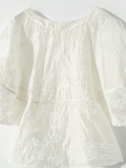 Jocelyn Loose Crew Neck Embroidered Hollowed Top