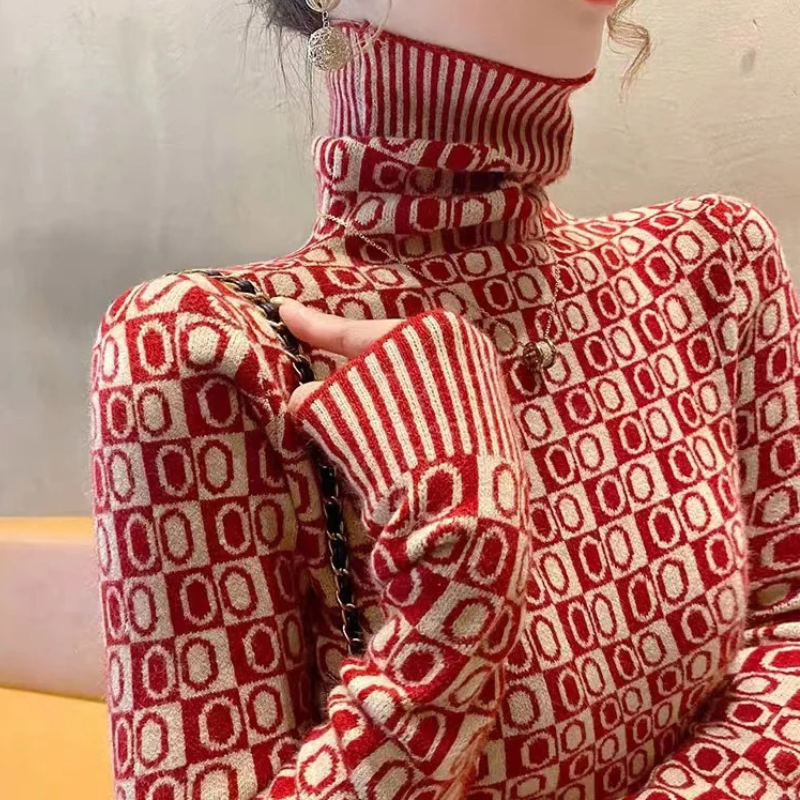 Jersey de cuello alto de jacquard, elegante y ajustado para mujer | Ideal para otoño/invierno