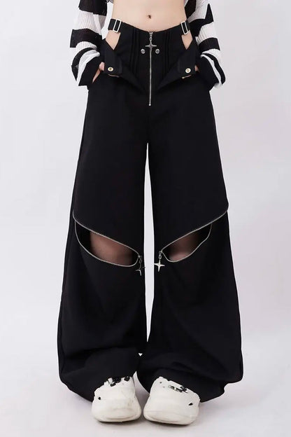 Loose Retro Cut Out Zipper Knee Pants