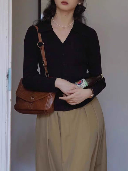 Zoey Retro V-Neck Solid Color Knitted Top