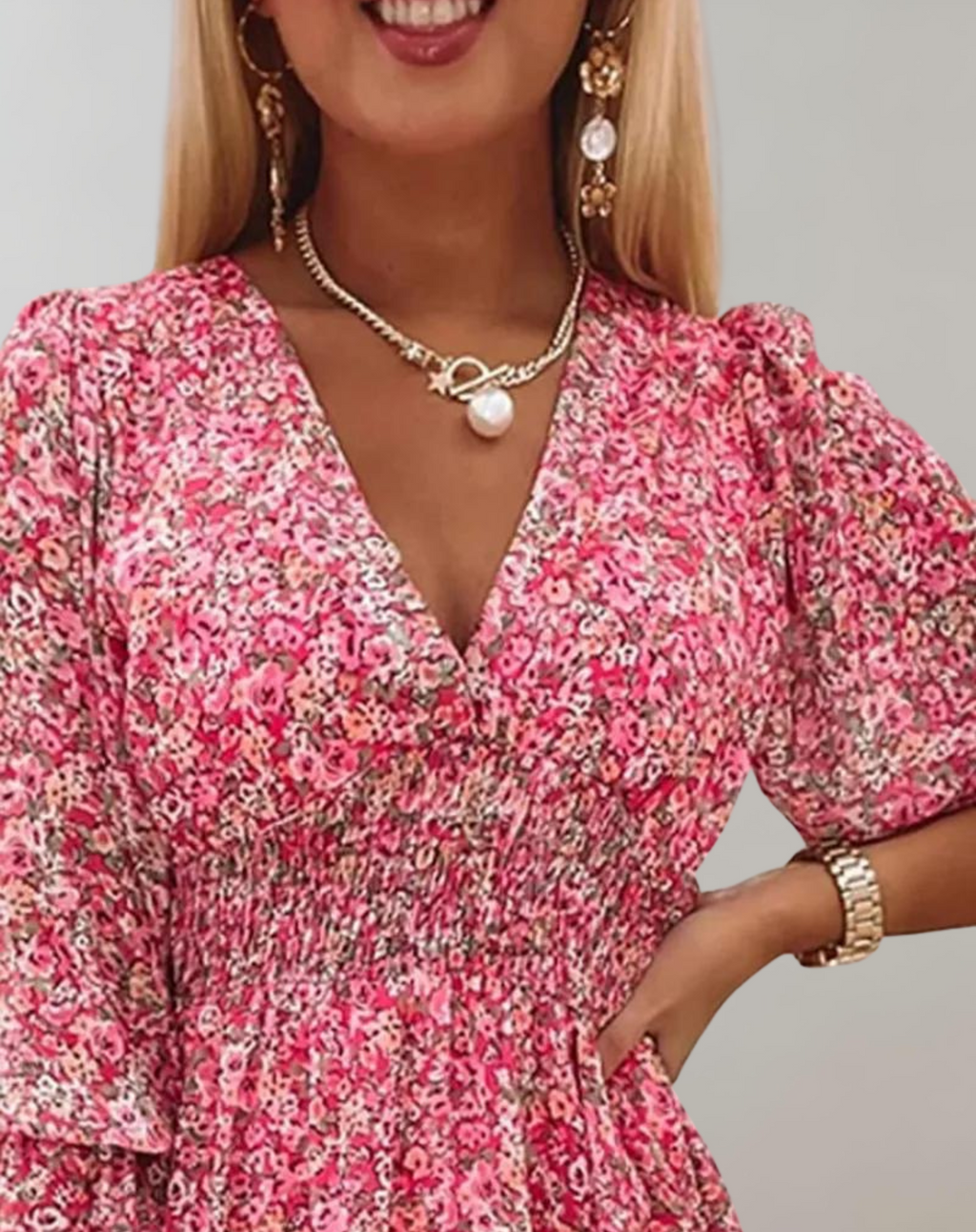 Vestido de verano clásico estampado con escote en V y manga corta para mujer | Ideal para primavera/verano