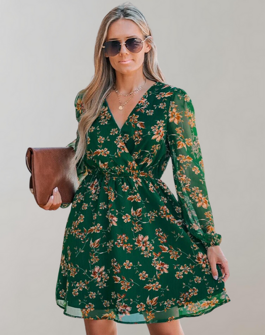 Women’s Stylish Waist-Cinching V-Neck Midi Dress with Floral Prints | Ideal for Spring/Summer