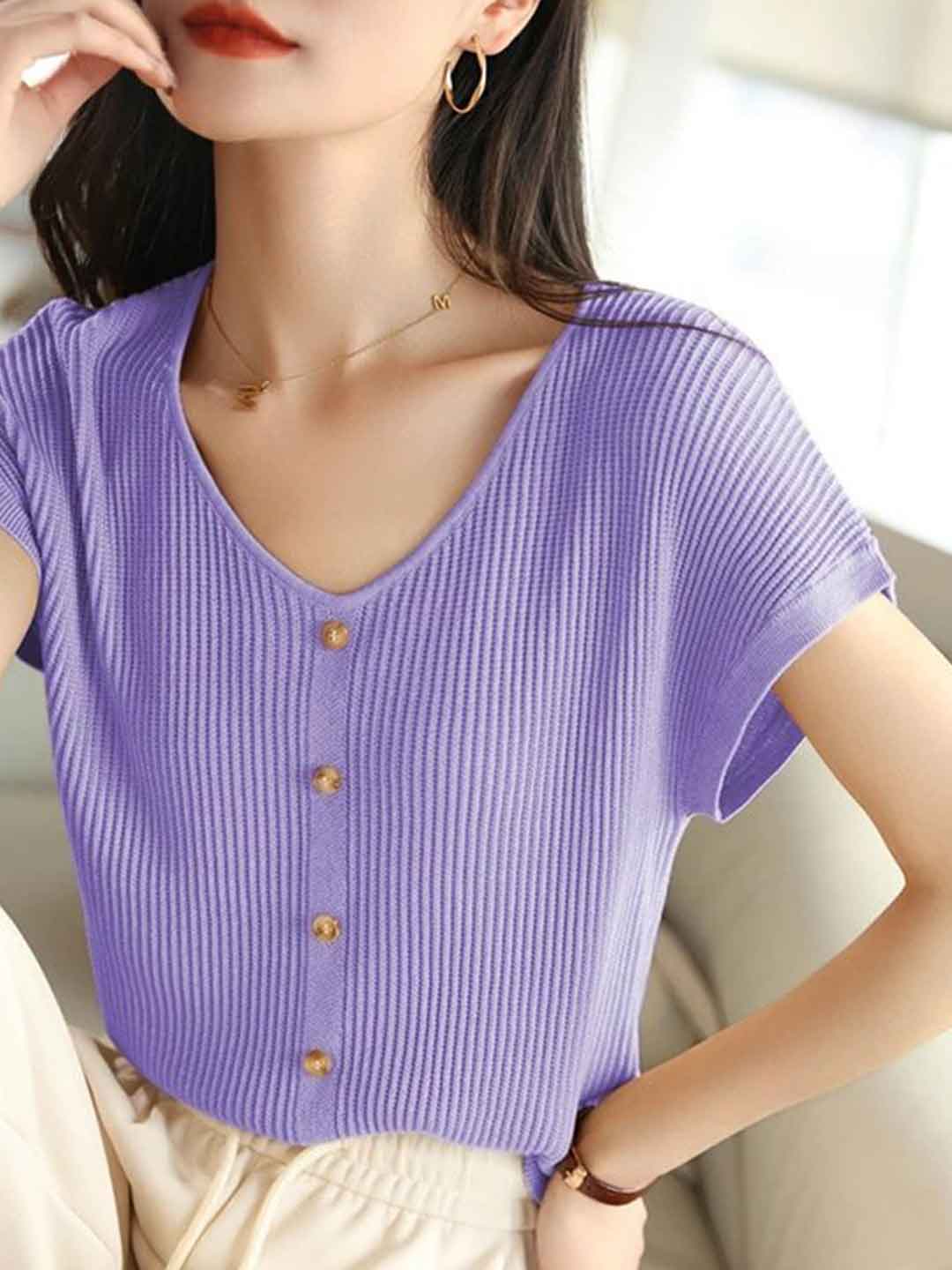 Kaylee Loose V-Neck Buttons Knitted Top