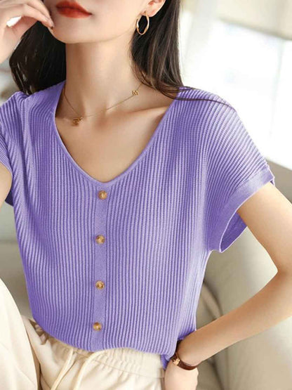 Kaylee Loose V-Neck Buttons Knitted Top