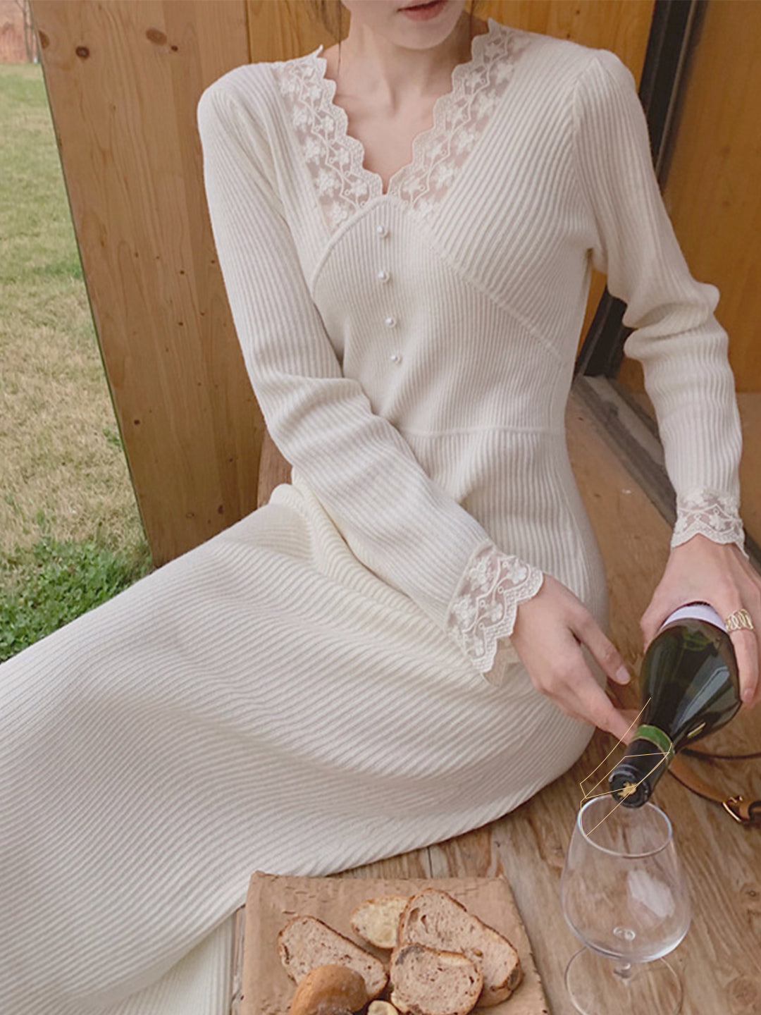 Layla French Style Lace Pearl Knitted Dress