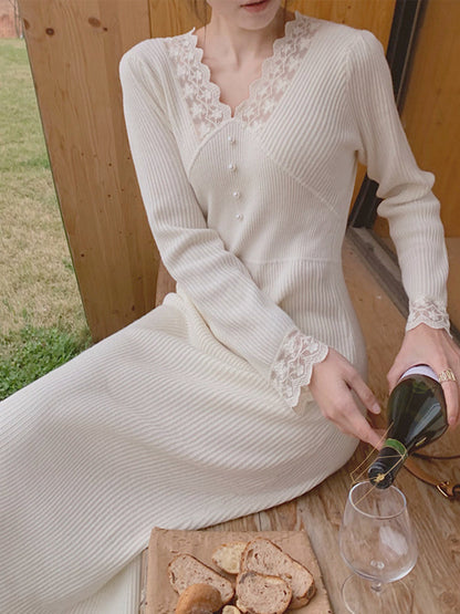 Layla French Style Lace Pearl Knitted Dress