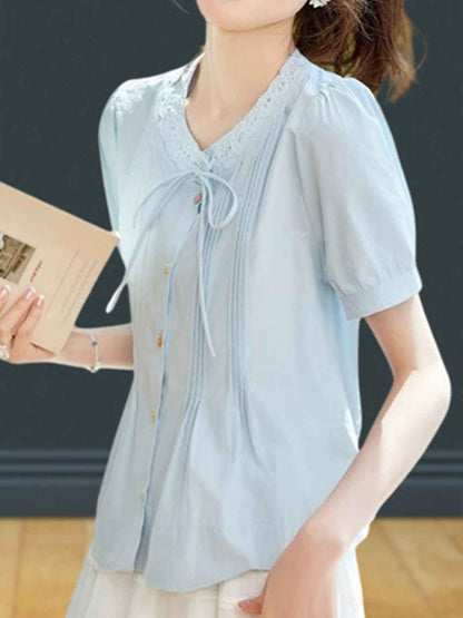 Maya Loose Crew Neck Puff Sleeve Bow Tie Top