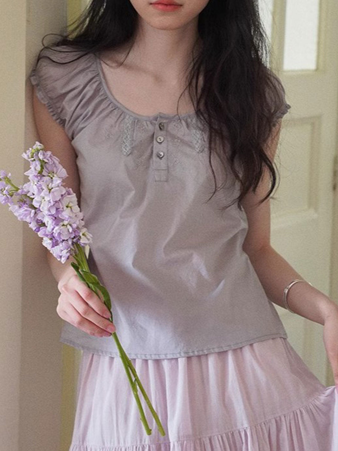 Kylie Retro Crew Neck Embroidered Lace Top