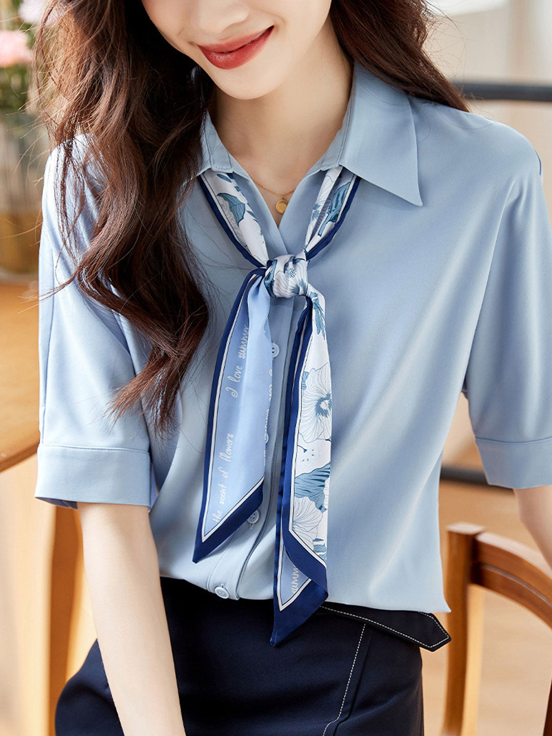 Madison Classic Bow Chiffon Shirt-Blue