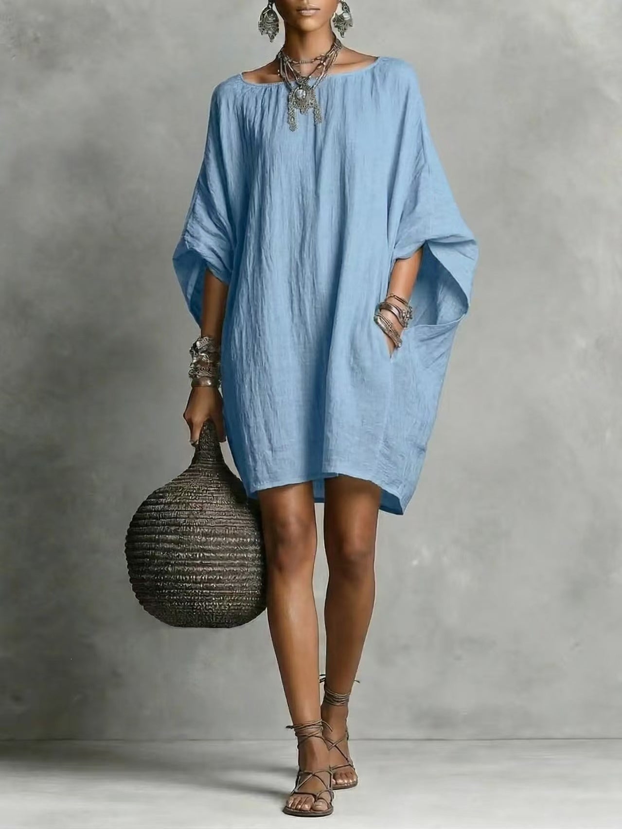 Linen-style Batwing Top, Loose-fitting Midi Dress