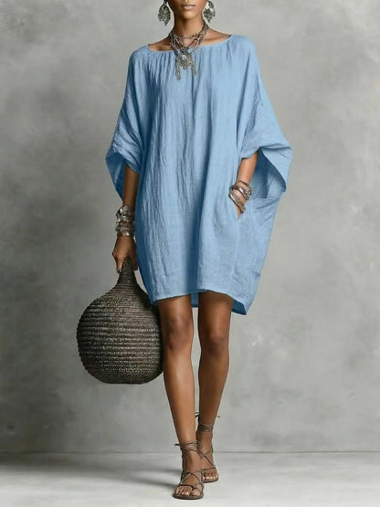 Linen-style Batwing Top, Loose-fitting Midi Dress