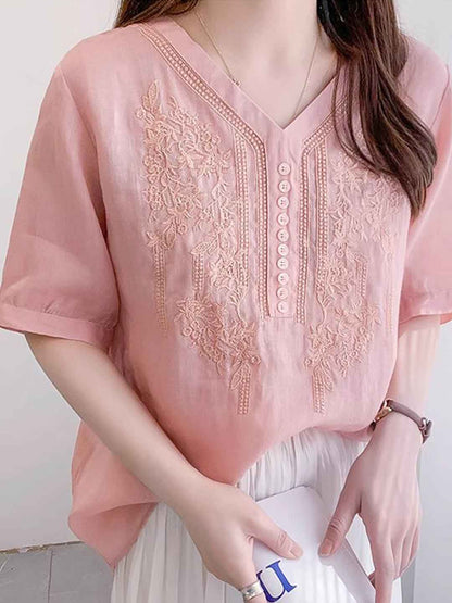 Layla Retro V-Neck Embroidered Top