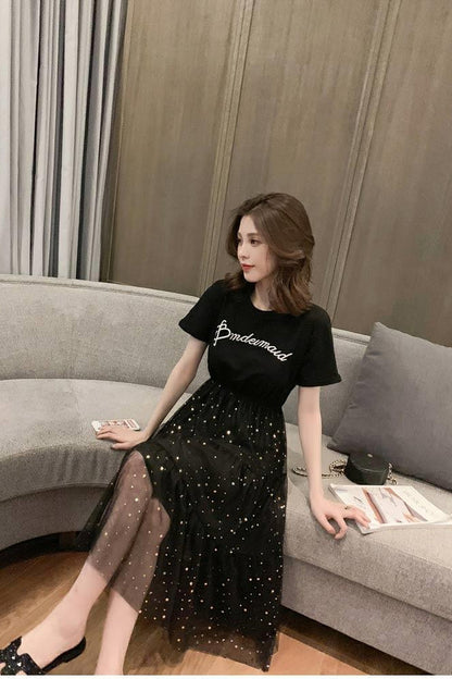 Loose O-Neck Casual Mesh Sequined Dress