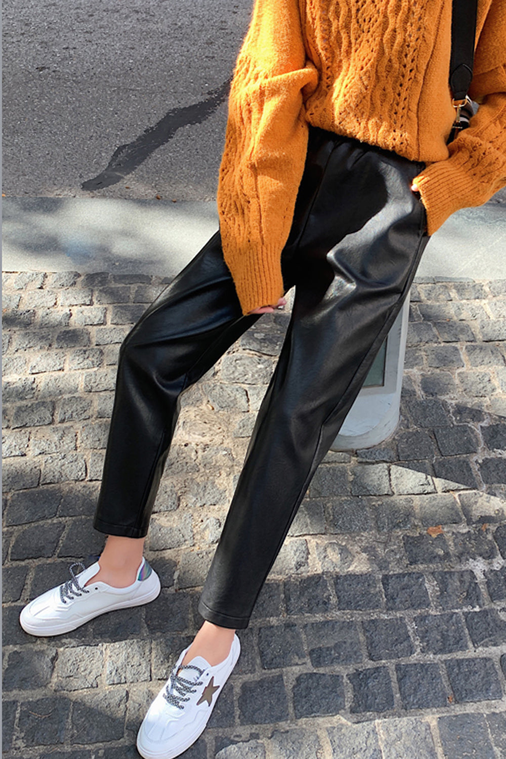 Elastic Waist Black Faux Leather Pencil Pants