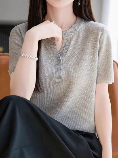 Selina Loose V-neck Solid Color Knitted Top