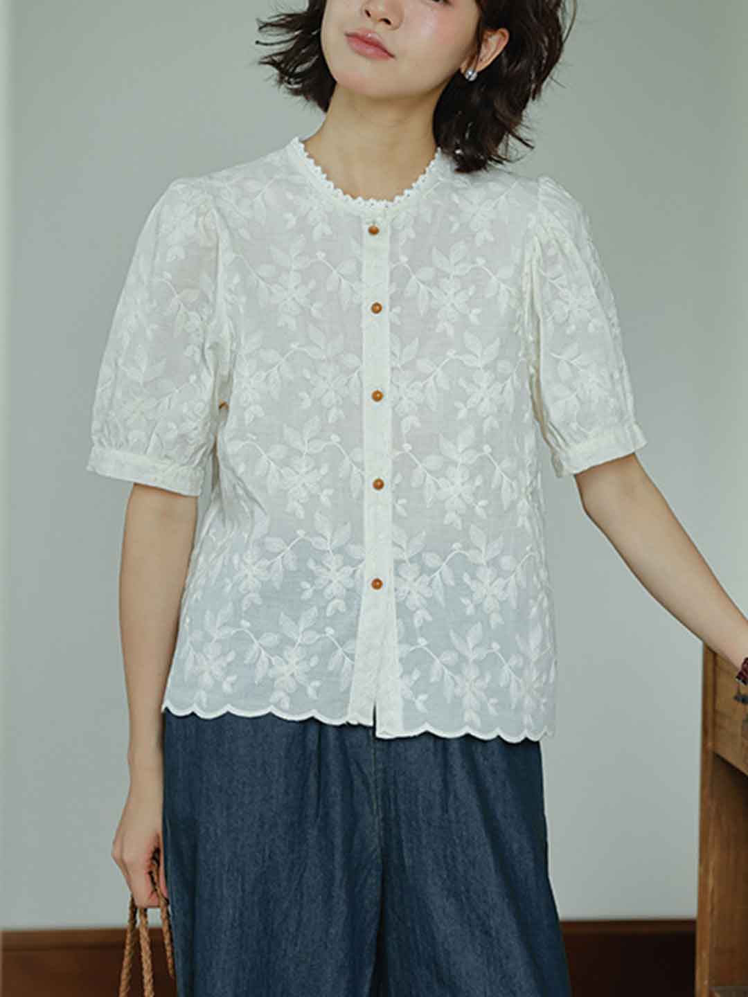 Mya Vacation Crew Neck Lace Trim Embroidered Top