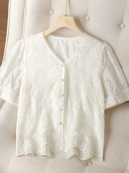 Jocelyn Retro V-Neck Patchwork Embroidered Top