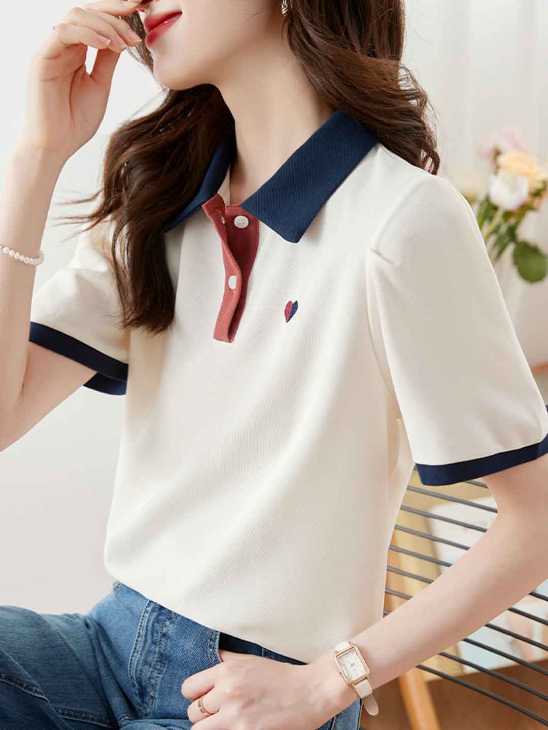 Morgan Casual Polo Collar Solid Color Top