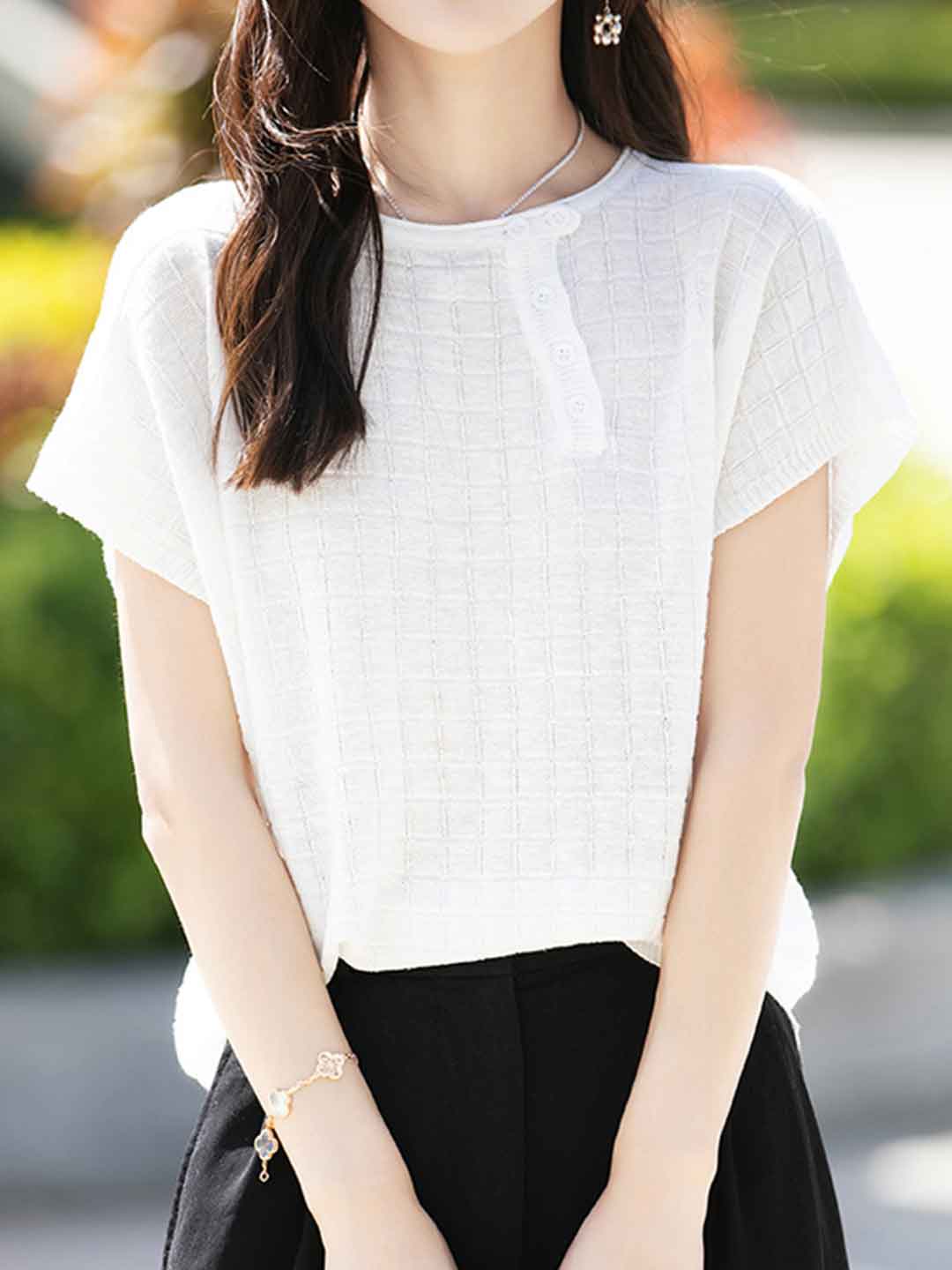 Maya Loose Crew Neck Plaid Knitted Top