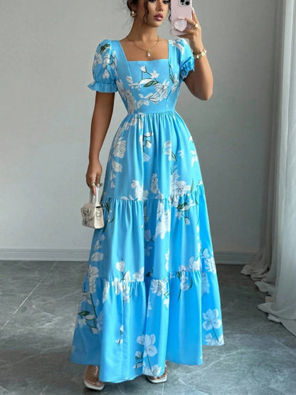 Square Neck Women's Clothing Flowers Maxi Dresses