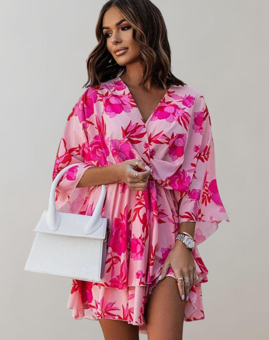 Vestido midi clásico con cuello en V y mangas murciélago para mujer | Ideal para primavera/verano
