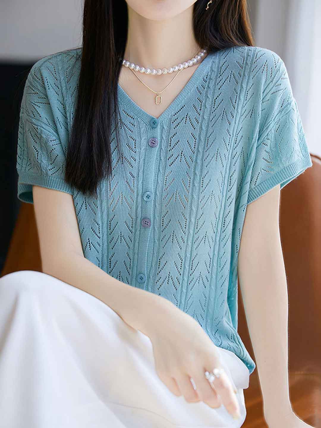 Mariah Elegant V-Neck Solid Color Jacquard Hollowed Cardigan