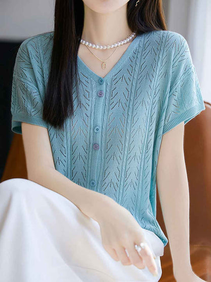 Mariah Elegant V-Neck Solid Color Jacquard Hollowed Cardigan