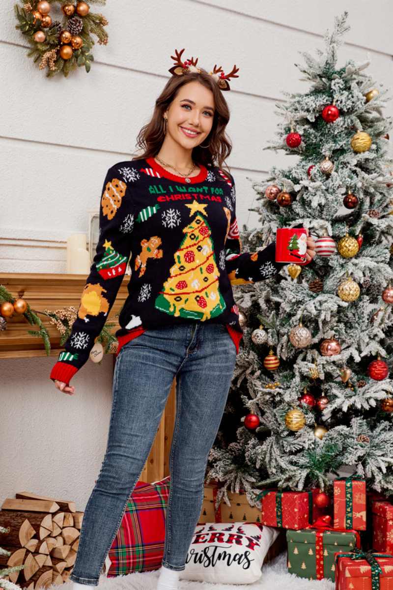 Suéter informal de cuello redondo con árbol de Navidad bordado 