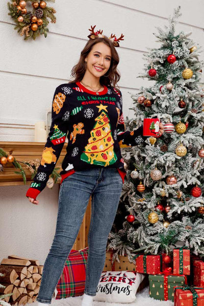 Suéter informal de cuello redondo con árbol de Navidad bordado 