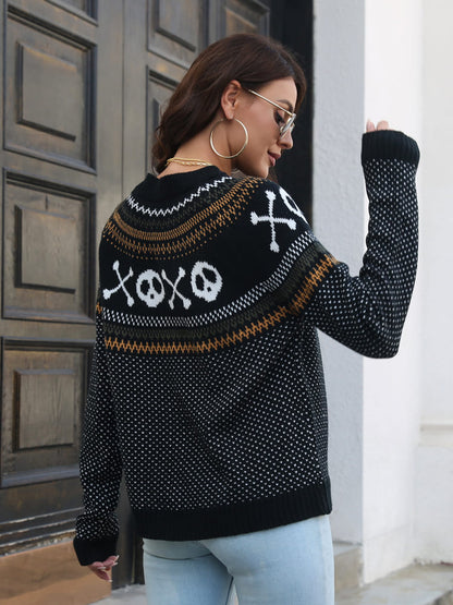 Suéter de punto con cuello redondo y estampado de calavera retro 