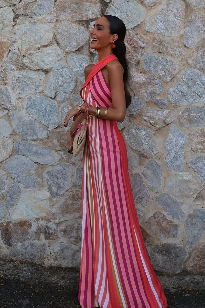 Vestido de rayas con cuello halter cruzado Sunset Samba