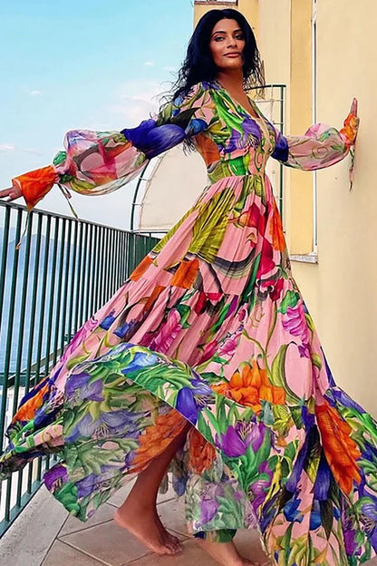 Conjunto de traje de baño estampado con mangas farol y escote en V profundo