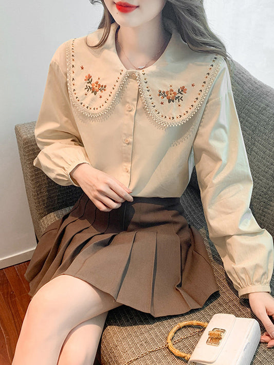 Mia French French Embroidery Doll Collar Shirt