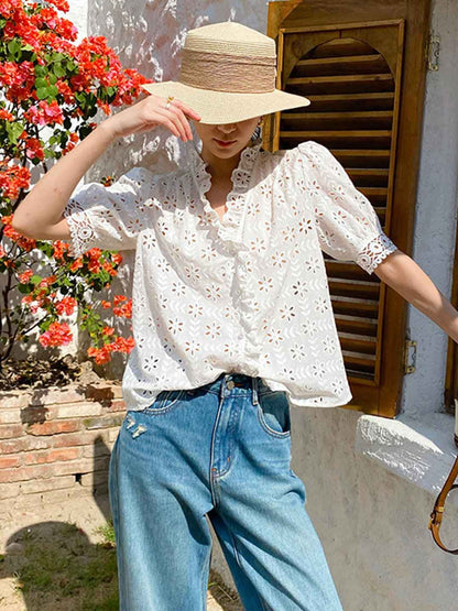 Julia Elegant V-Neck Puff Sleeve Embroidered Top