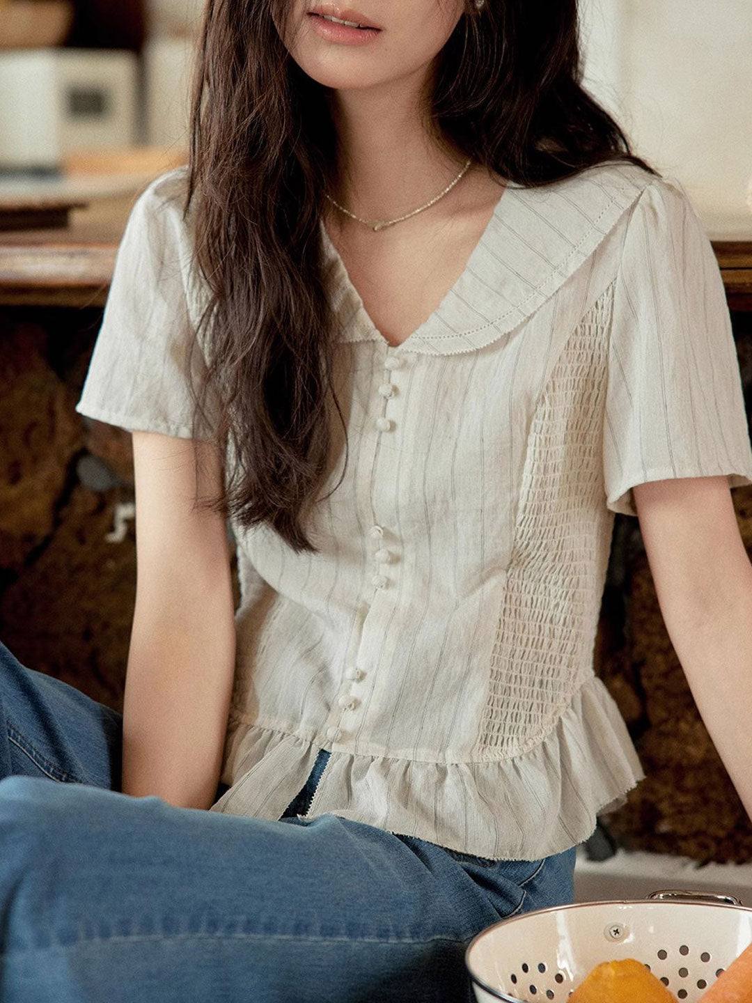 Payton Retro V-Neck Striped Waist Top