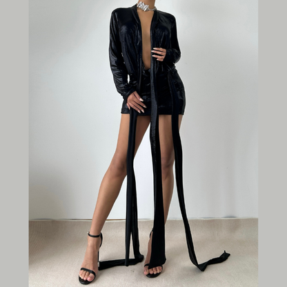 Long sleeve deep v neck metallic mini skirt set  | Festival Outfits Women