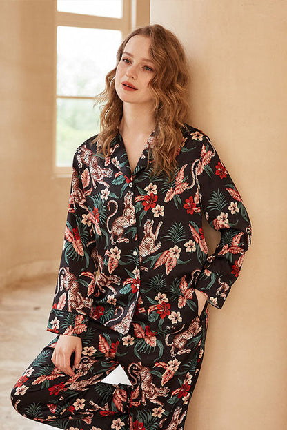 Conjunto de ropa de estar por casa de manga larga con estampado floral y de jaguar