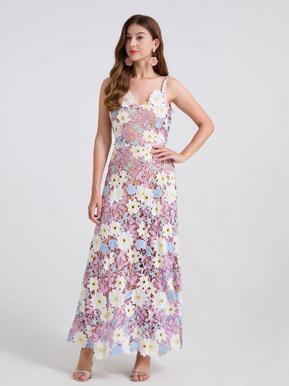 Lace Embroidery Spaghetti Strap Long Dress