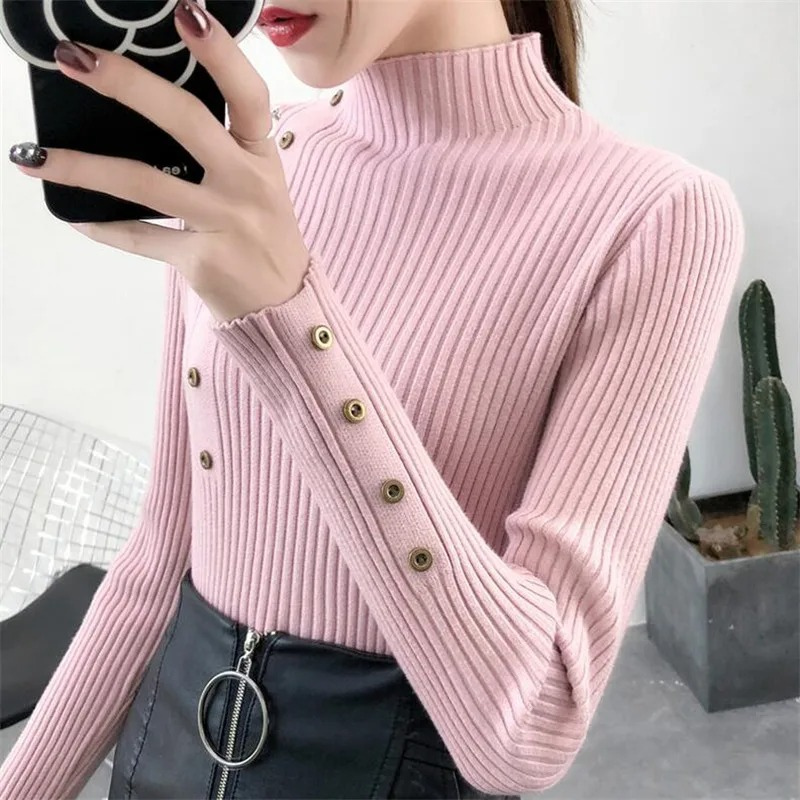 Jersey de cuello alto ajustado de punto elástico para mujer con botones | Ideal para otoño/invierno