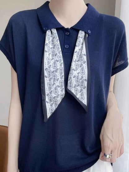 Maria Elegant Polo Collar Knitted Top-Navy Blue