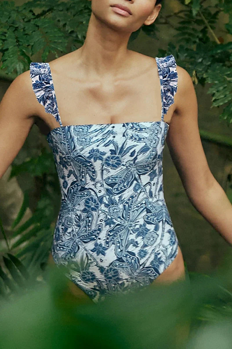 Traje de baño de una pieza con volantes de libélula azul