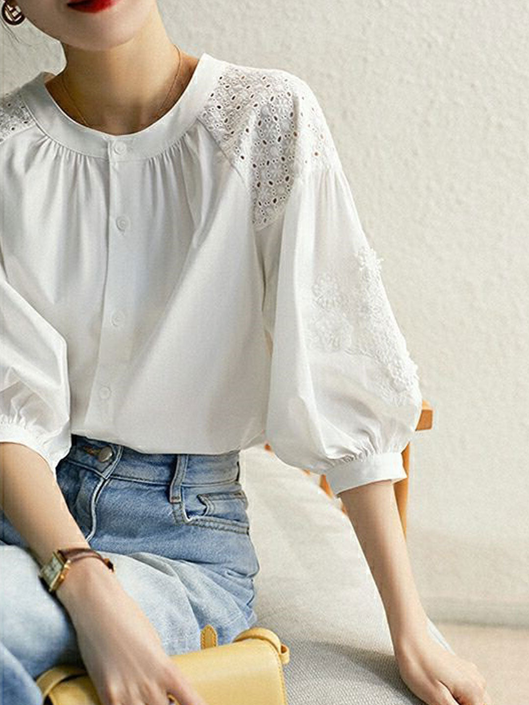 Zoey Classic Crew Neck Lantern Sleeve Embroidered Top