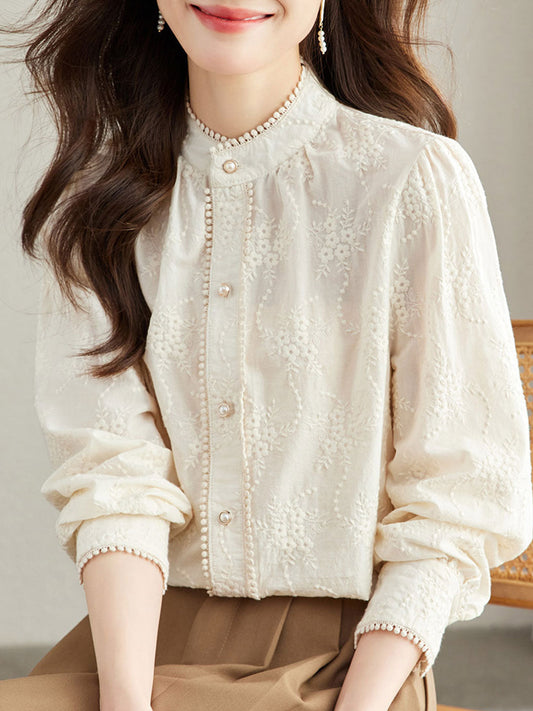 Mariah Retro Pearl Buttons Embroidered Top