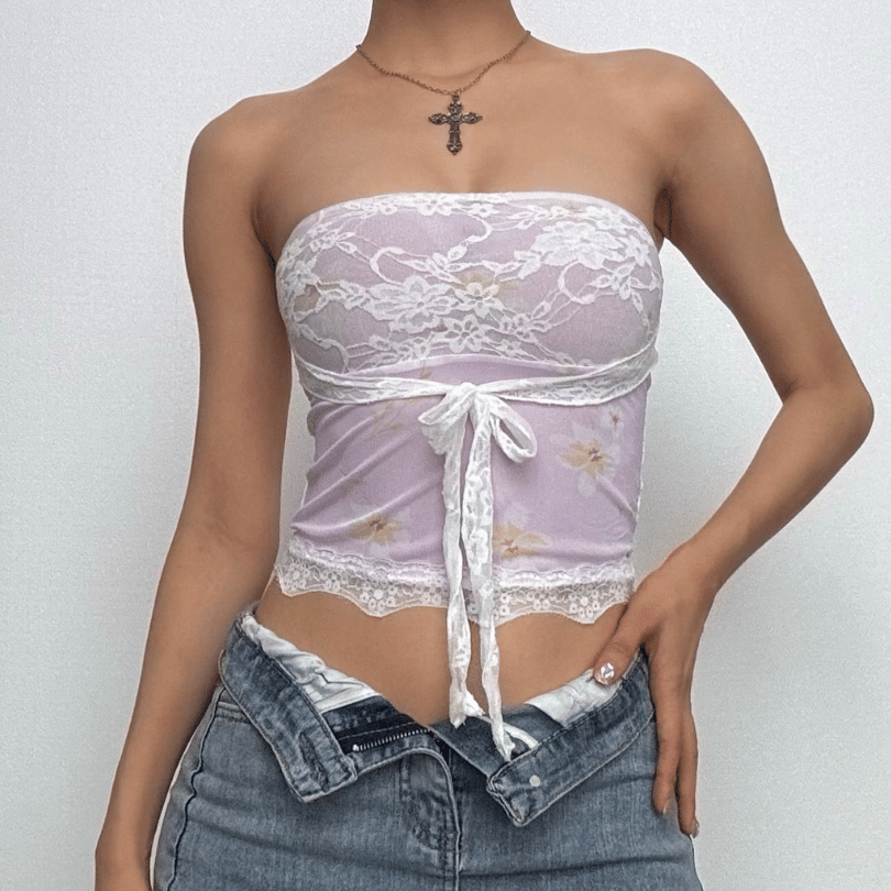 Sheer mesh lace self tie front floral print tube top