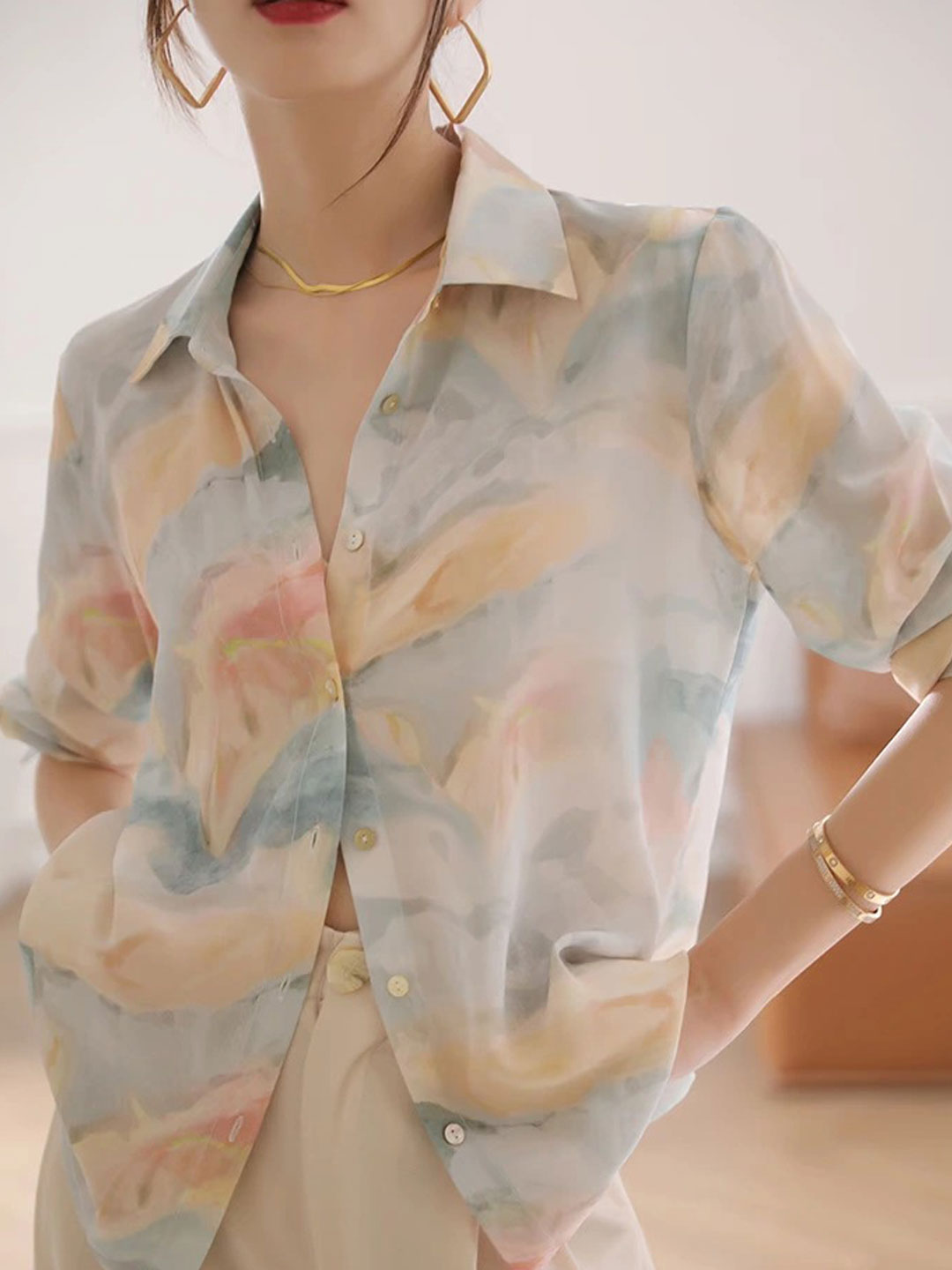 Maria Elegant Lapel Printed Satin Shirt