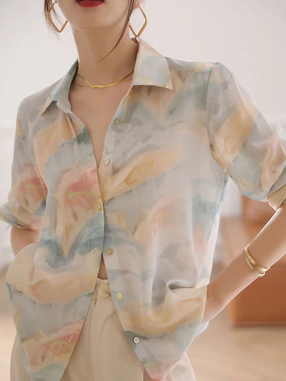 Maria Elegant Lapel Printed Satin Shirt