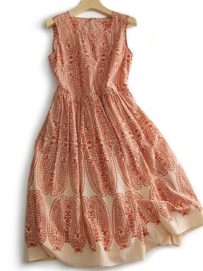 Julia Vintage Crew Neck Printed Sleeveless Dress