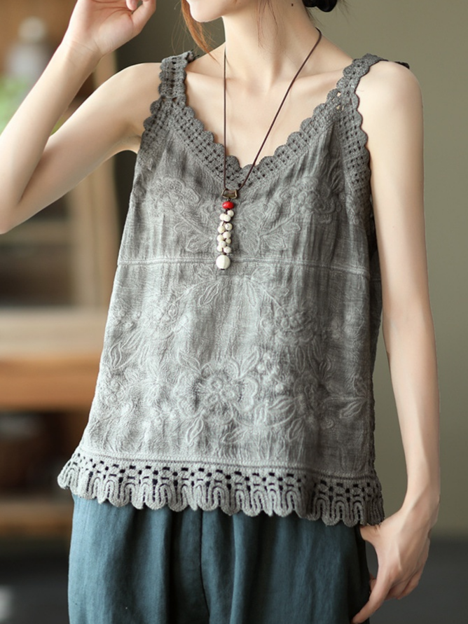 Cotton Linen Embroidered V-neck Camisole