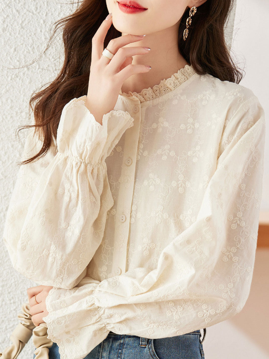Molly Retro Flare Sleeve Lace Embroidered Shirt