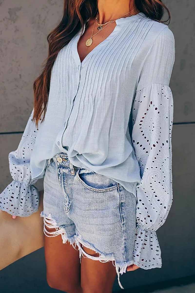 V-Neck Single Breasted Loose Flared Long Sleeves Tops
